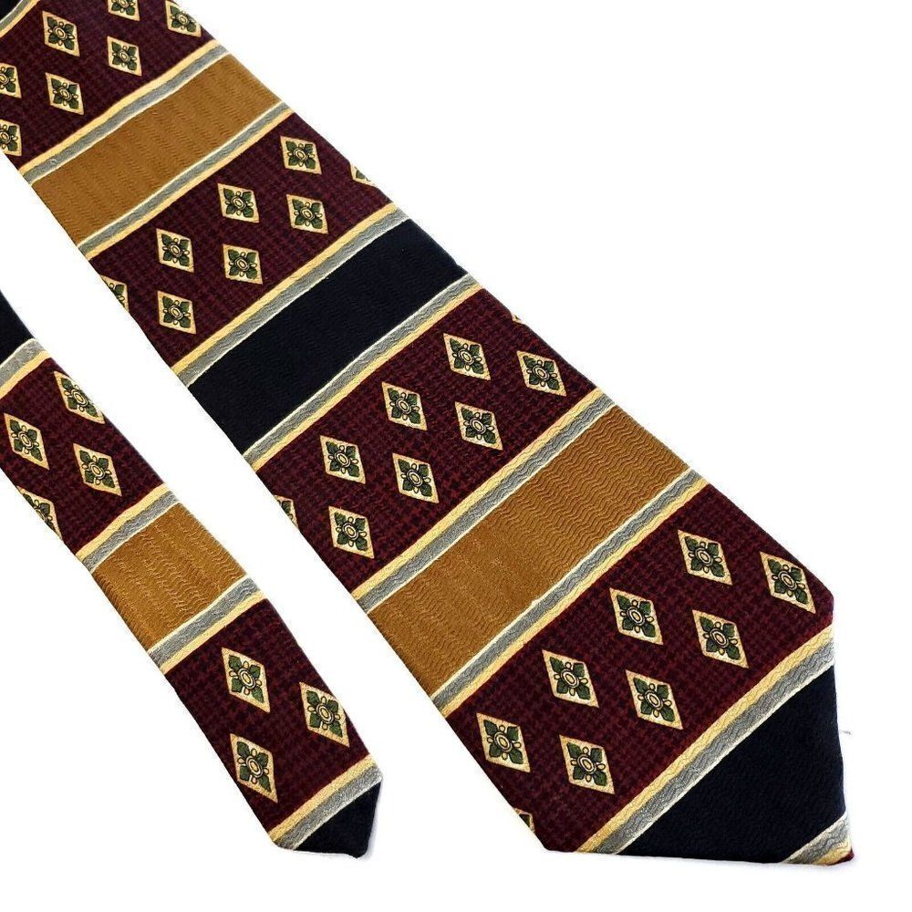 Perry Ellis Portfolio Maroon Red Tan Black Abstract Print Wide Silk Tie